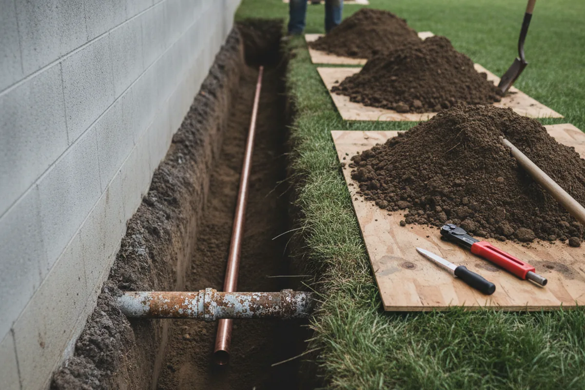 Excavated water line trench during Water Softener Installation in Torrey